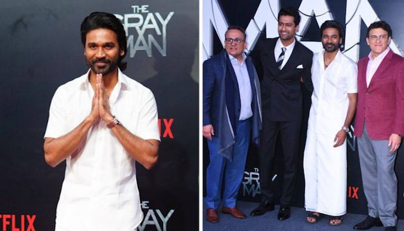 The Gray Man Premiere: Dhanush dons mundu, represents Indian culture as he poses with Russo Brothers RBA