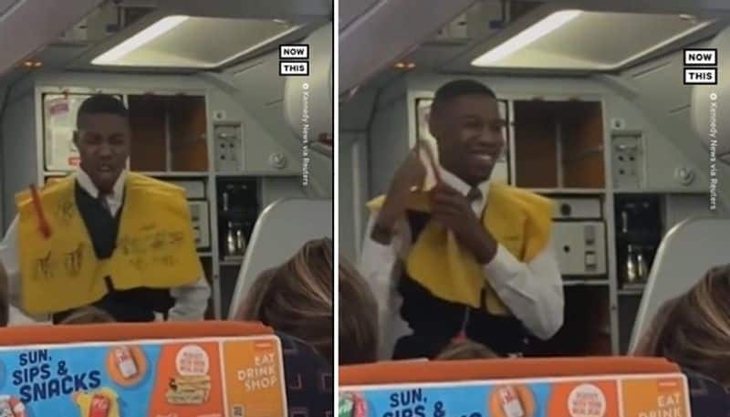 flight attendant gives safety announcements in a sassy style