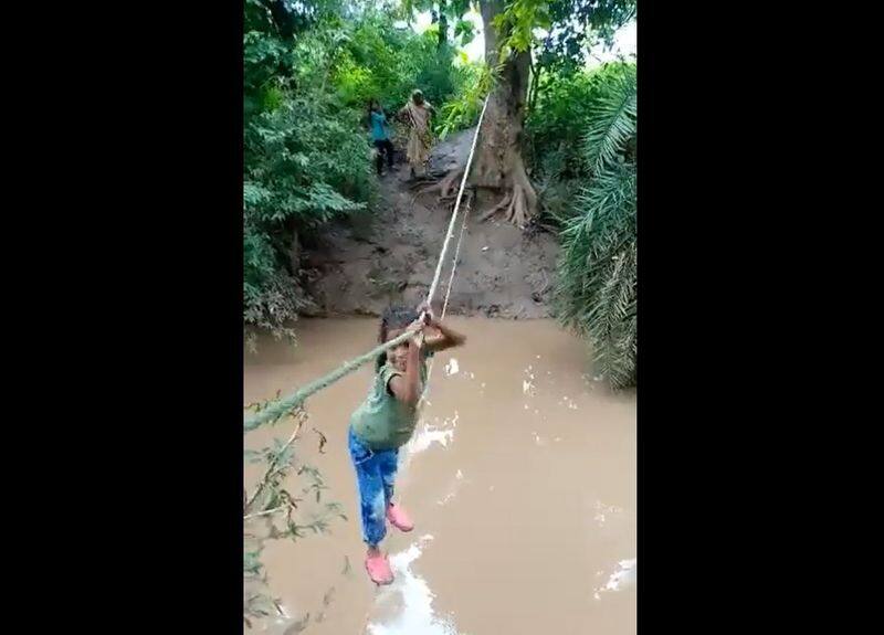 People crossing the river with the help of rope risk their lives in Guna, Madhya Pradesh 