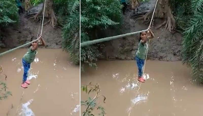 students crossing river by the help of rope video goes viral 