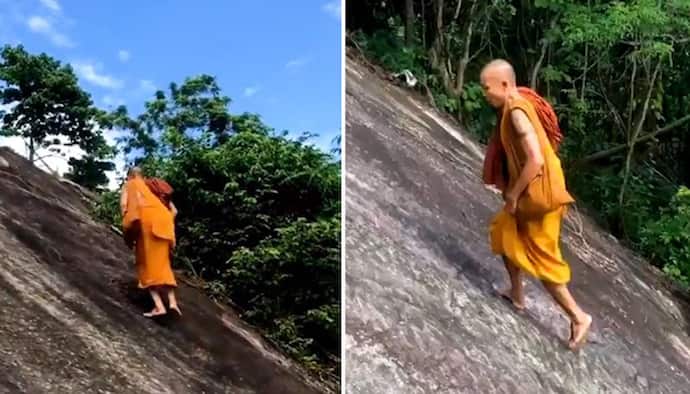 Watch: Monk climbs steep mountain effortlessly; netizens left impressed