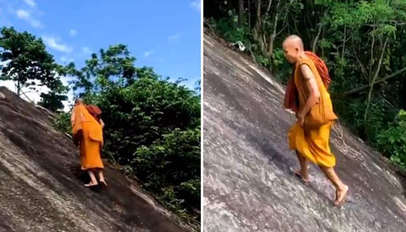 Watch: Monk climbs steep mountain effortlessly; netizens left impressed