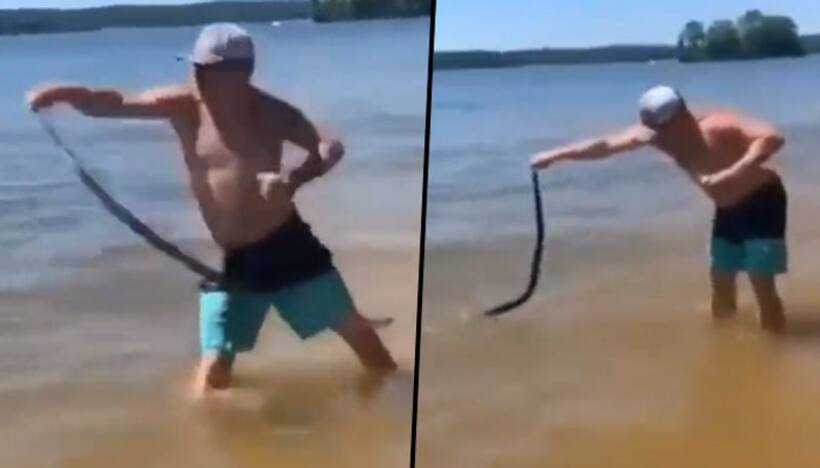 Man catches snake and wrongly tosses on other people swimming in lake; find out what happens next