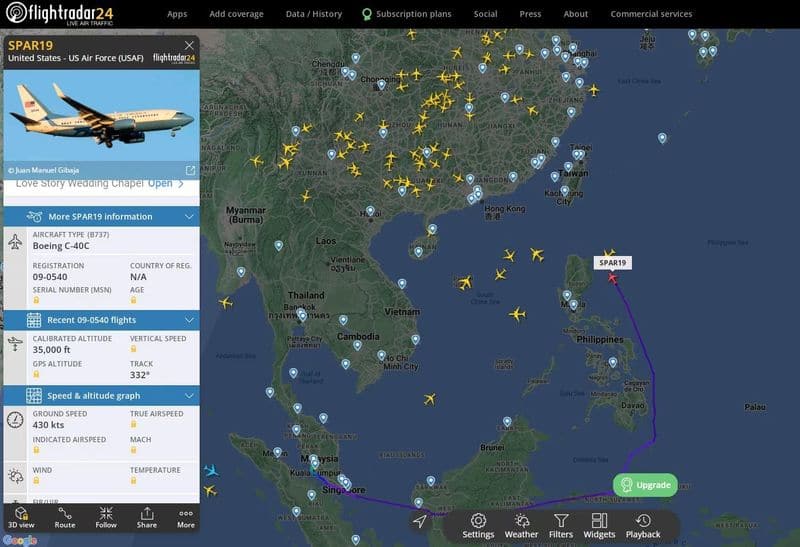 Pelosis flight is approaching Taiwan from Philippine Sea