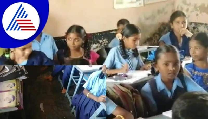 Kolar school students listening to lessons sitting in Flood  water filled class room gow