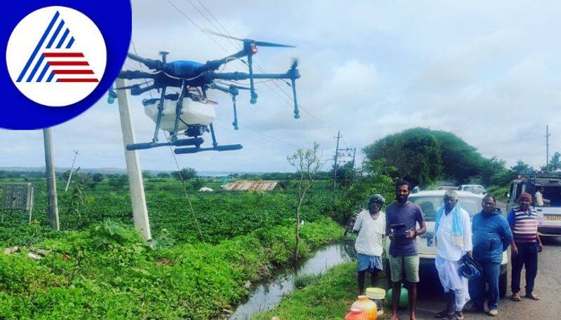 Using a drone to spray the soybean crop with Insecticide dharwad kamalapur rav