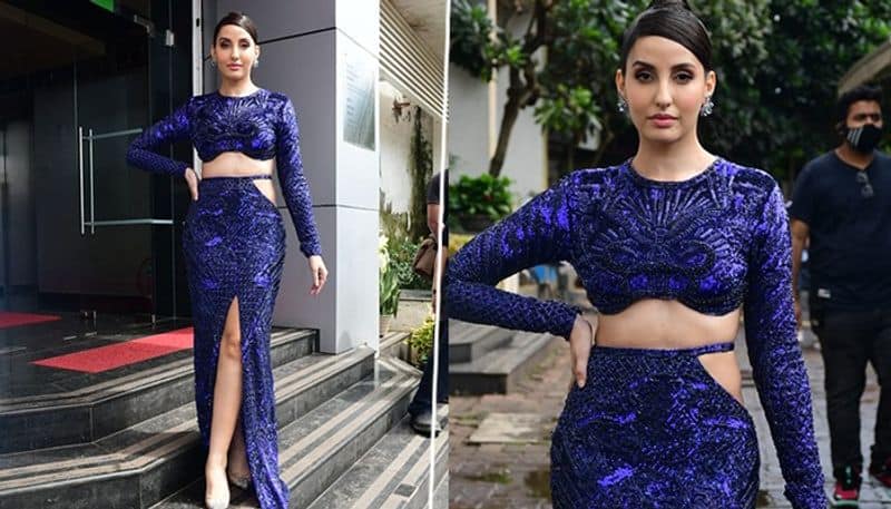 Nora Fatehi glitters in royal blue embellished ensemble