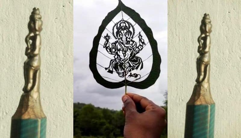 Artist's handiwork, Ganesha carved on Ashwattha leaf and pencil led akb