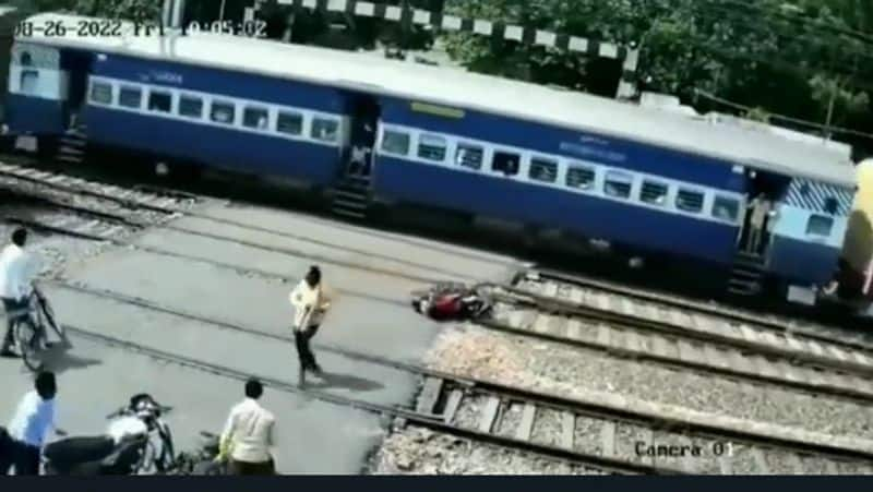 A bike crushed by train at a railway crossing in Uttar Pradesh 