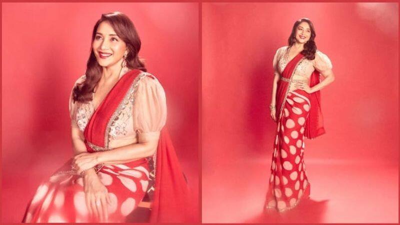 madhuri dixit wears polka dot sari and puff sleeve bouse steals hearts