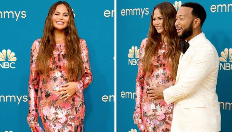 Emmys 2022 Chrissy Teigen cradles baby bump on red carpet drb