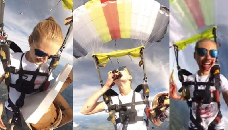 Woman Eats Pie While Skydiving