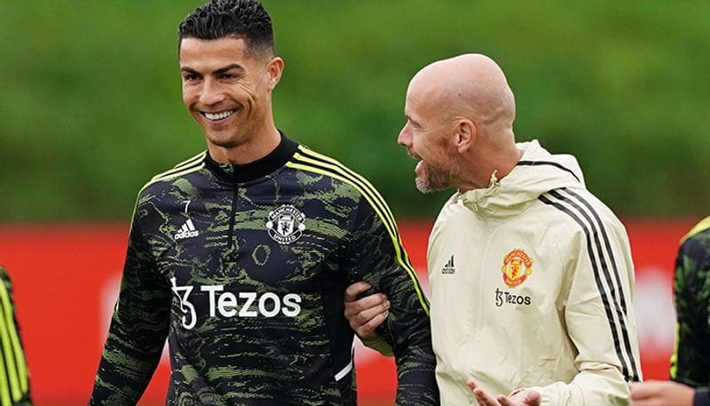 football Cristiano Ronaldo and Erik ten Hag all smiles at Man United training; will icon start in Europa League clash against Sheriff snt