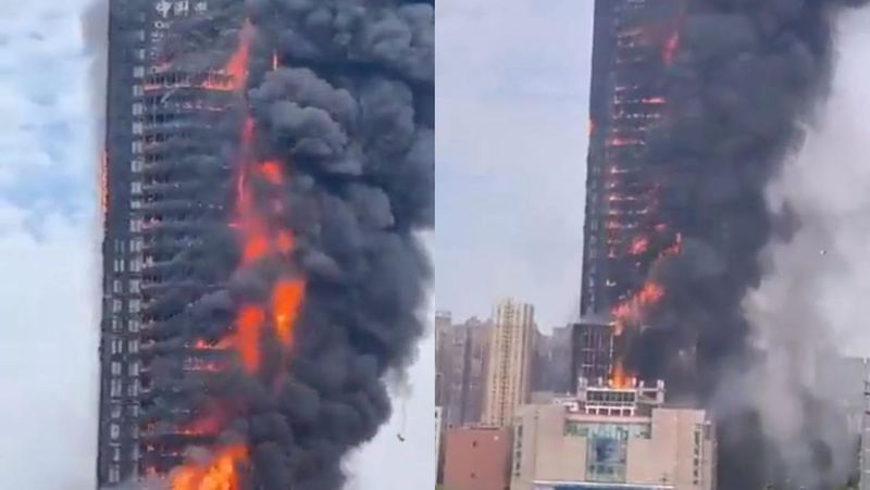 In Changsha, China, a 42-story skyscraper is completely consumed by fire.