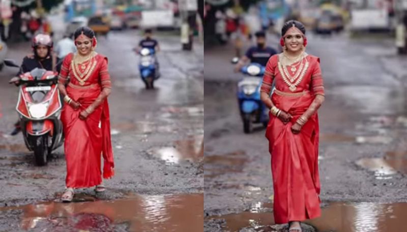 Kerala Bride Walks On Road Full Of Potholes For Photoshoot Viral Video 