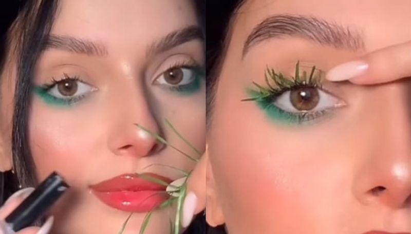 Woman uses blades of grass to make vegan eyelashes