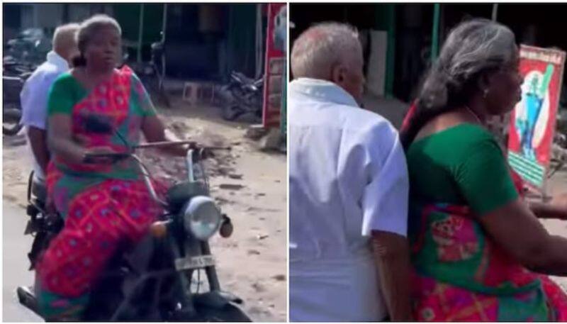 Elderly woman rides motorcycle with husband seated behind her in viral video