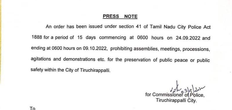 Ban on public gatherings and processions in Trichy till October 9