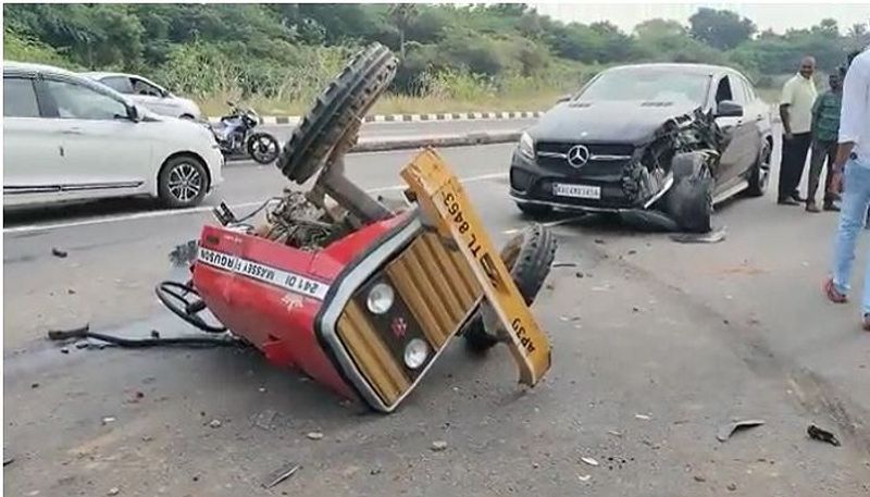 collision with Mercedes,Tractor breaks into 2 parts, near Tirupati