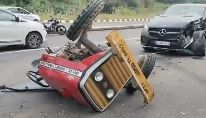 Accident near Andhra Pradesh's tirupati, Tractor breaks into two parts after hitting Mercedes Benz car akb