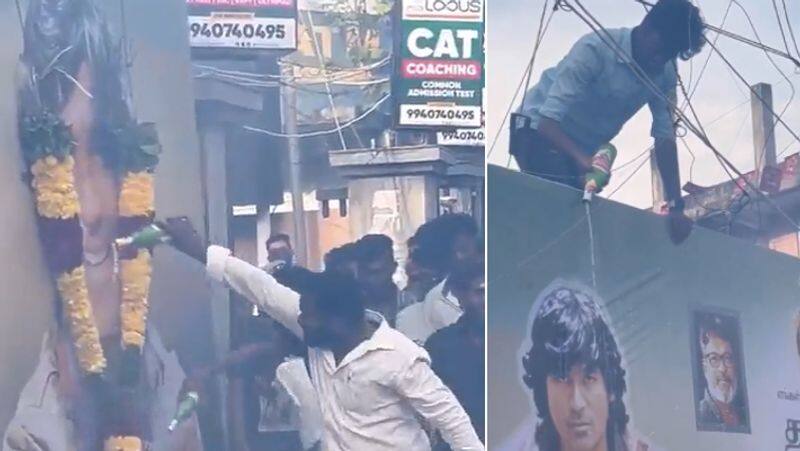 fans Beer Abhishekam for Dhanush banner during Naane varuven movie FDFS in pondichery