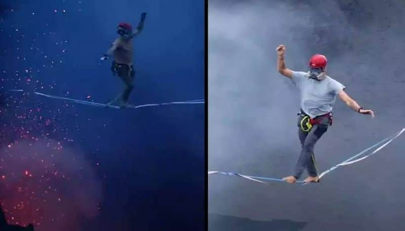 slacklining over active volcano 