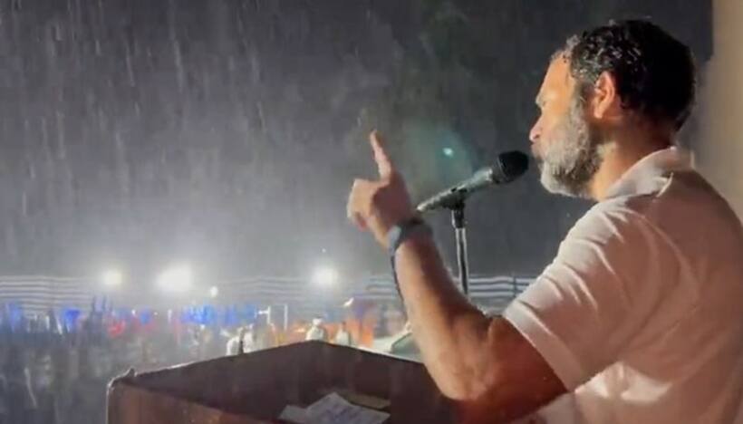 Viral photo: Rahul Gandhi delivers speech amid heavy rainfall during yatra, netizens react