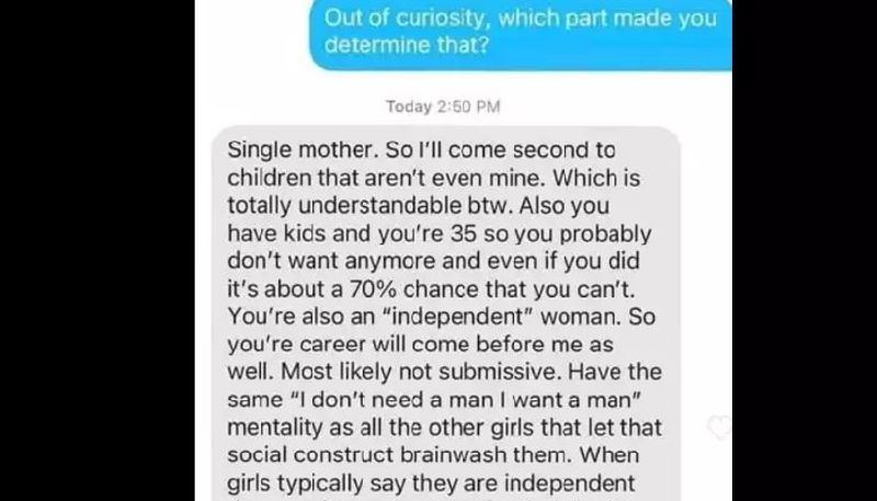 man sends sexist message to single mother in tinder that went viral 