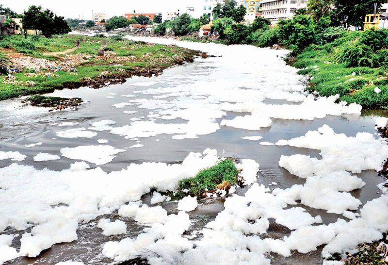 Foam rising several feet high in the Noyyal river in Coimbatore