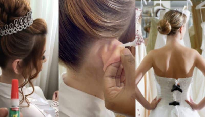 bride super glues ear on wedding day for a perfect look