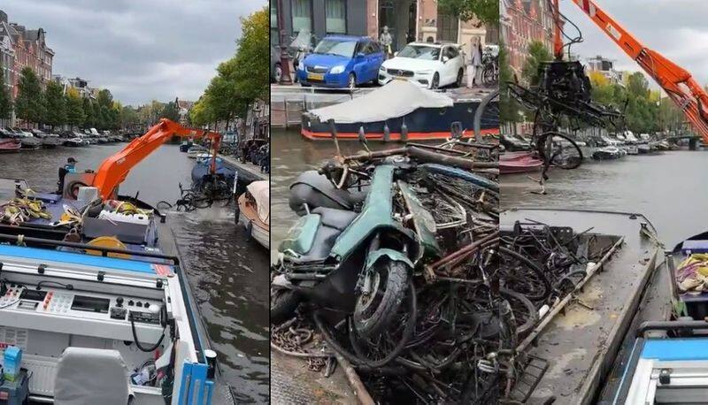 Amsterdam thousands of bike scooter cycles found in canal during cleaning, video goes viral akb