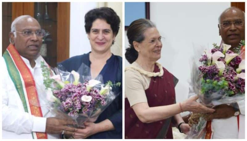 sonia gandhi and priyanka gandhi visit mallikarjun kharge after his victory as aicc president