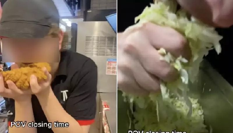 kfc staff licks and eats cooked chicken while closing time 