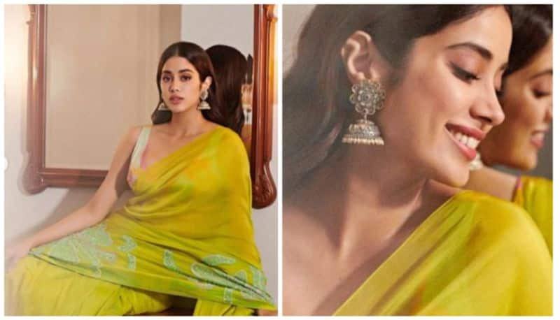 janhvi kapoor looks very beautiful in a green saree viral pictures