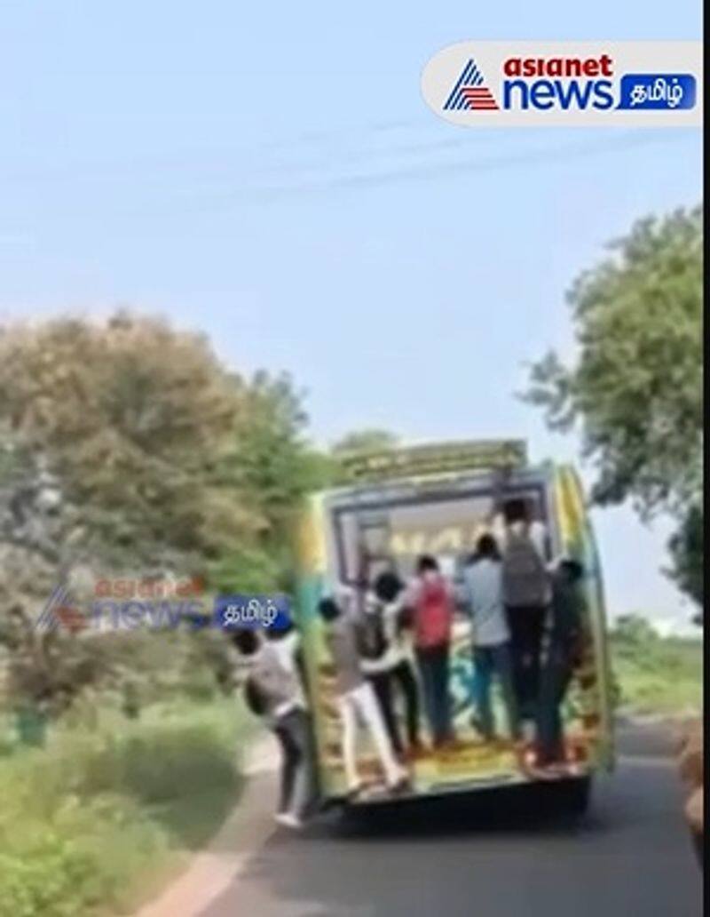 Students hanging on the private bus between Pudukottai - Manaparai without realizing the danger