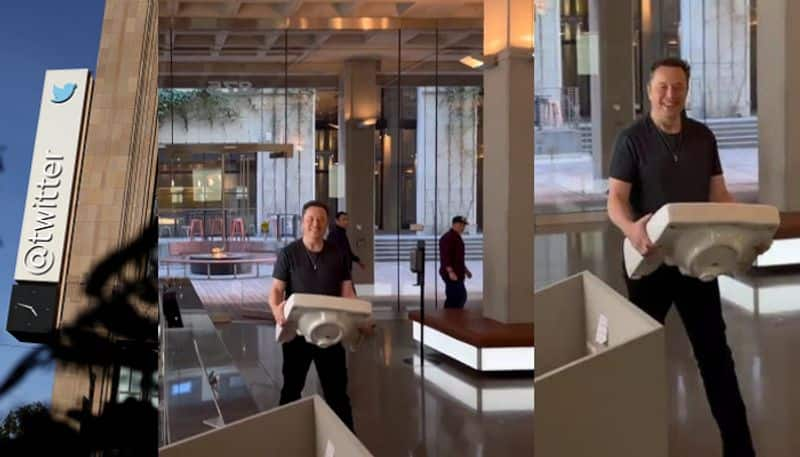 Elon Musk posted a video of himself entering Twitters San Francisco headquarters carrying a bathroom sink