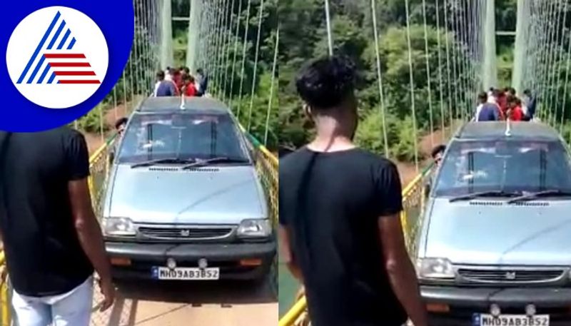 Driving a car on the bridge   is a tourist at yallapur uttarakannada rav