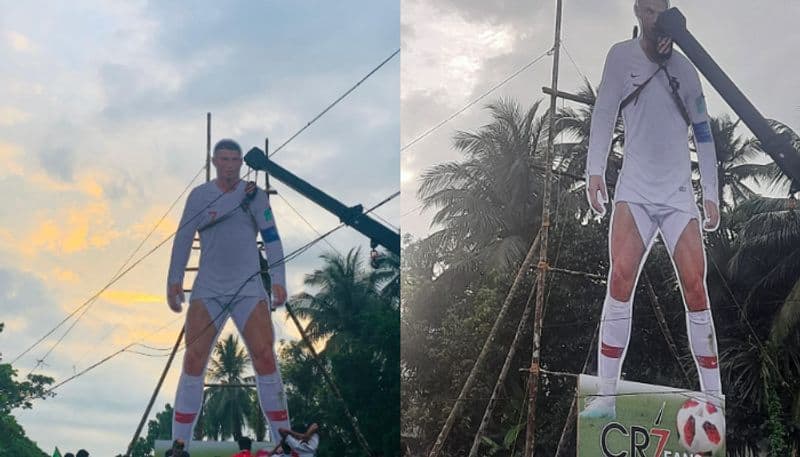 Huge CR7 Cut out displaced in Parappanpoyil near Thamarassery after Lionel Messi Neymar Cut outs in Pullavoor