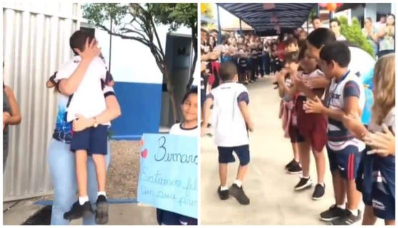 boy gets warm welcome at school after defeating blood cancer