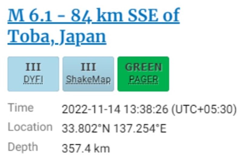 6.1 Richter Scale earthquake in South Southeast of Toba in Japan 