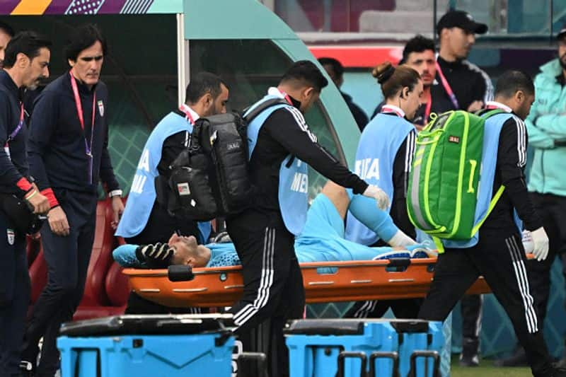 iran goalkeeper Beiranvand  stretchered off the field due to nose injury hosseini replaces him against england in fifa world cup 2022