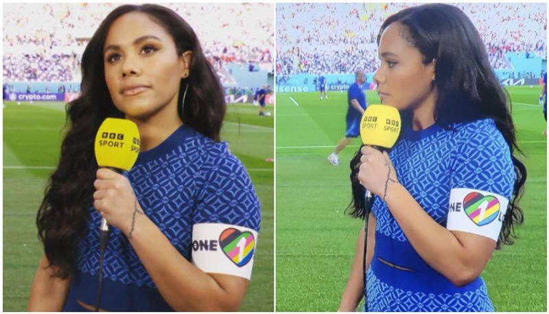 bbc sports commentator alex scott wears rainbow armband during England vs Iran match