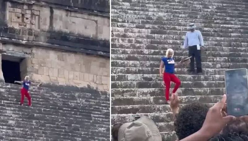 tourists climb mayan pyramid mobs attack her 