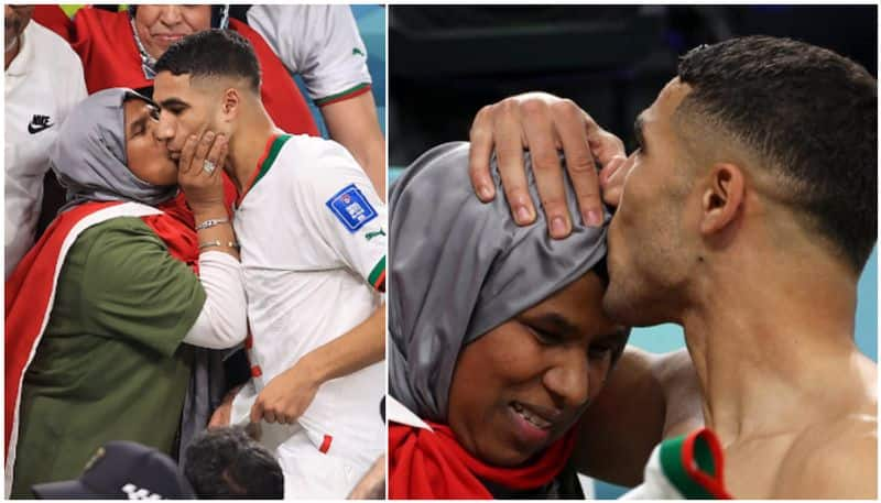 Moroccan defender Achraf Hakimi kisses his mother after great win