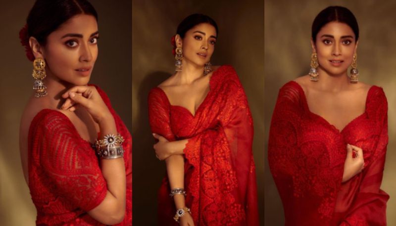 Shriya Saran in Ruby Red Saree