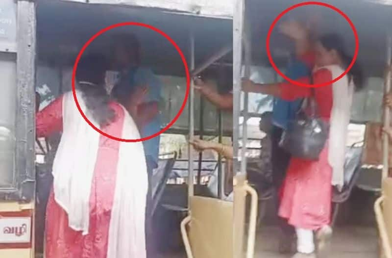 women hits bus conductor at perambur govt bus  and video goes viral