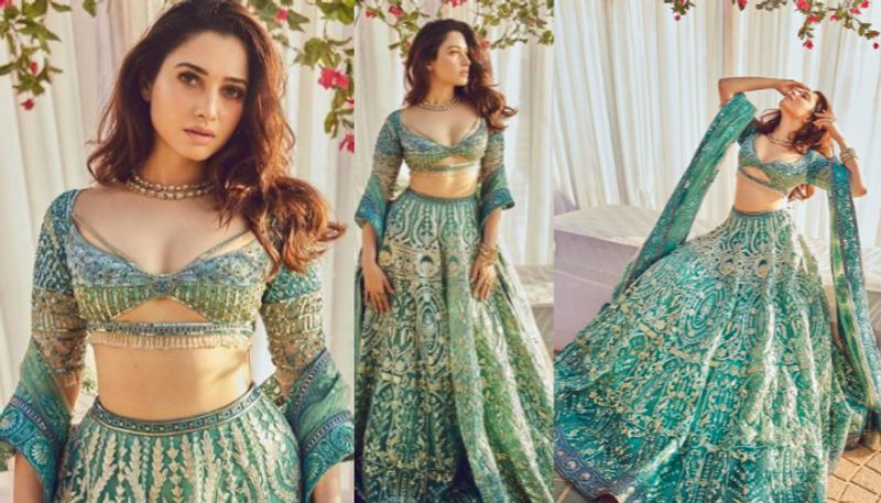 Tamannaha bhatia in blue bridal lehenga