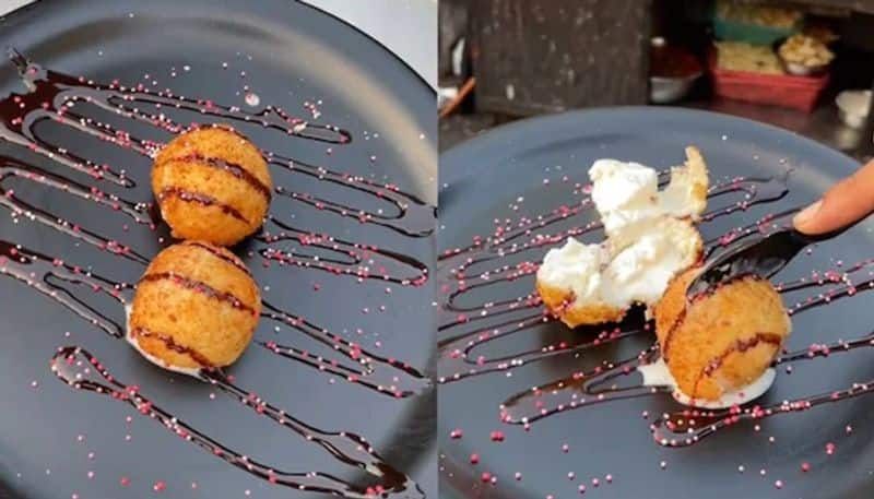 street food vendor makes ice cream pakoda 