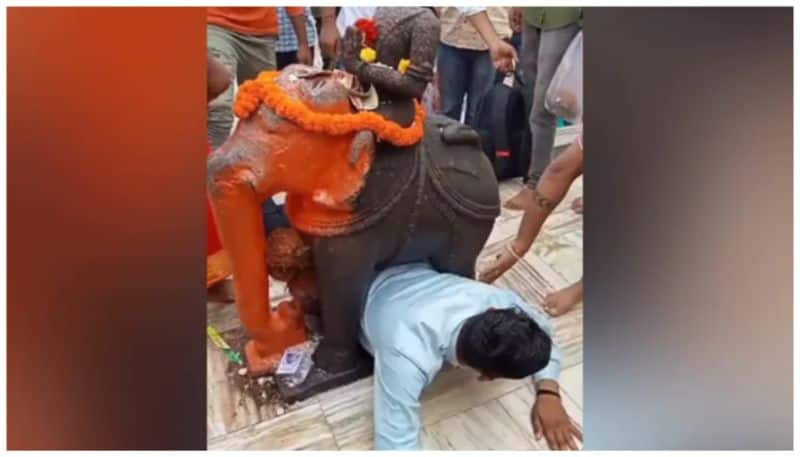 devotee stuck under statue of elephant at gujarat temple 