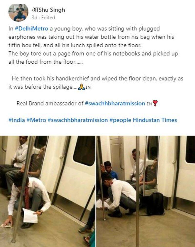 boy cleans up after spilling food in delhi metro see viral post